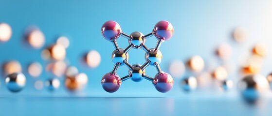 Poster - Molecular structure model with spheres and rods on a blue background representing science research.