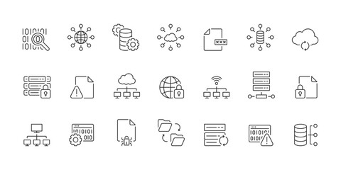 Poster - This versatile line icon collection represents digital data concepts like research, optimization, networking, and protection, making it perfect for web and graphic design projects. Editable stroke