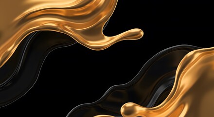 Fototapete - Abstract Gold and Black Liquid Splashes Luxurious 3D Render of Dynamic Fluid Art