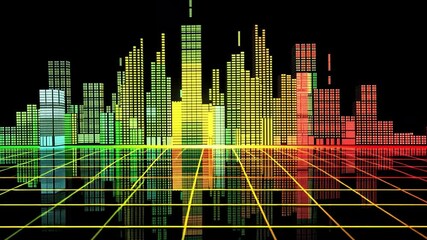 Poster - digital city skyline with vibrant sound wave patterns in green, yellow, and red, reflecting on grid 