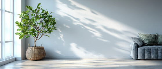 Poster - Bright and airy living room featuring stylish sofa and potted plant in woven basket. sunlight casts beautiful shadows on wall, creating serene atmosphere