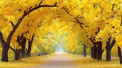 Wall Mural - A scenic tree-lined path covered in vibrant yellow autumn leaves, creating a golden tunnel effect in a peaceful natural setting.