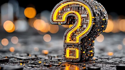 Poster - Futuristic digital question mark glowing in neon orange over a microchip circuit board background