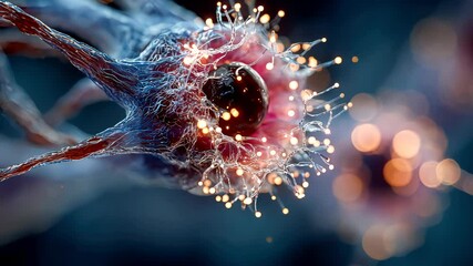 Poster - Close-up of a glowing neuron with synaptic sparks in a dark abstract digital background