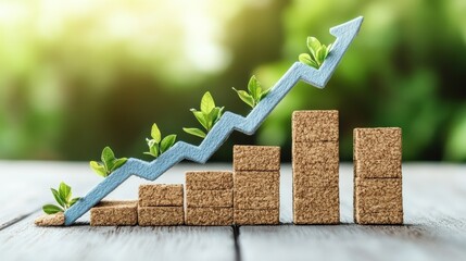 Poster - Sustainable growth is represented by an upward arrow with plants on the stacked corks on a wooden surface.
