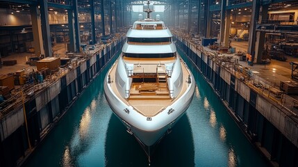 Poster - A large luxury yacht is taking shape inside a spacious shipbuilding facility. Workers actively engage in the engineering, metallurgy, and construction of the vessel, showcasing expert craftsmanship.