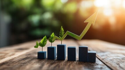 Poster - Green arrow trending upwards with miniature trees on wooden blocks illustrating business growth concept.