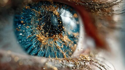 Poster - Extreme close-up of a human eye with digital and glittering textures, symbolizing vision, technology, and future interface design