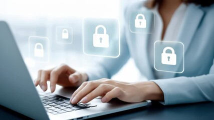 Poster - Enhancing Online Security and Data Protection Closeup of Laptop Typing with Digital Lock Icons for Privacy and Trust in Technology