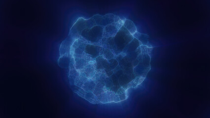 Poster - a glowing blue sphere with fluid textures, appearing as an abstract cosmic orbi in deep space