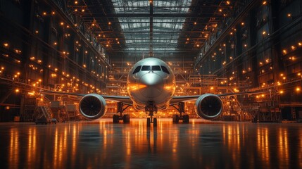 Poster - A commercial aircraft is positioned in a spacious hangar, where technicians perform maintenance tasks. The ambient lighting creates a vibrant yet functional environment during evening hours.