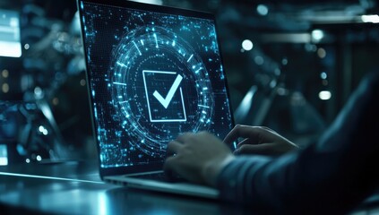 Poster - A close-up of a hand interacting with a futuristic. glowing checkmark icon above a laptop keyboard. surrounded by colorful bokeh lights in a modern workspace