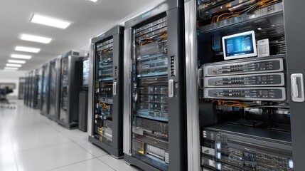 Poster - Detailed depiction of a server room featuring rows of computer servers with blue lighting and a sleek, clean environment