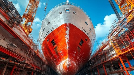 Poster - A large ship is being constructed in a shipyard with heavy machinery and scaffolding surrounding it, highlighting the precision of engineering and the scale of maritime projects.
