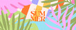 © Tanya Shulga - Creative concept of summer bright card with abstract tropical leaves. Modern art minimalist style design templates for celebration, ads, branding, banner, cover, label, poster, sales