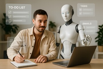 a man writes notes as a humanoid robot displays a to-do list on a transparent screen. concept of hum