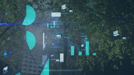 Poster - 3D render showing holographic data floating over sunny park branches with UI charts