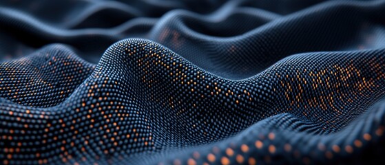 Aufkleber - A dynamic abstract surface with blue waves is illuminated by shimme golden dots close up view.