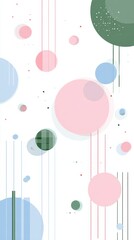 Poster - Pastel colored circles overlapping and intersecting thin vertical lines, forming abstract geometric pattern on minimalist white background with modern, dynamic composition