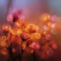 Fototapete - Ephemeral Bloom: A dreamy floral scene bathed in warm, golden bokeh with delicate pink and orange hues.