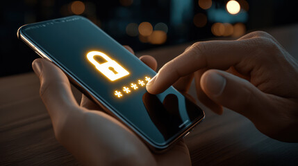 Poster - Secure login process on a smartphone at night with glowing padlock icon