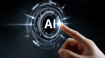 Poster - Hand reaching towards illuminated AI technology hub in a dark digital environment highlighting innovation