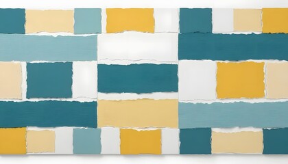 Aufkleber - Abstract collage of torn paper pieces in teal yellow and white arranged in a grid pattern art
