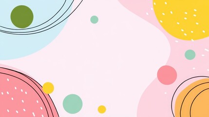 Poster - Pastel colored geometric pattern with soft circles, irregular shapes, and delicate black lines forming contemporary graphic design element for creative projects