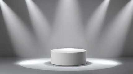 Poster - White round podium illuminated by spotlights in a gray room creates a dramatic and minimalist presentation space, ideal for showcasing products or awards