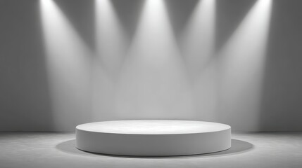 Poster - Spotlights casting dramatic light on white round podium, standing on concrete floor, highlighting minimalist presentation platform for product display