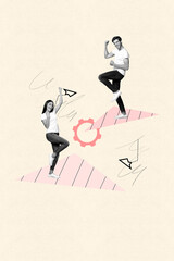 Poster - Creative banner collage of person stand with plane flying cog wheel on pastel background