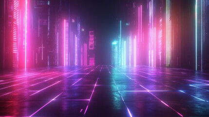 Poster - Abstract neon cyber game background with digital grid effect glowing lines, wallpaper AI generated image