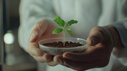 Poster - Researcher nurturing seedling in laboratory close-up science experiment indoor environment scientific exploration