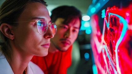 Poster - Concentrated woman with glasses examining a high-resolution digital map display beside a colleague