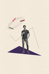 Poster - Poster pop collage of person stand on pastel background with drawing graphs messy lines