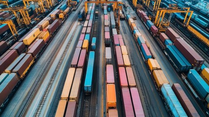 Poster - Containers being loaded onto train cars at a logistics hub aerial view industrial environment transport concept