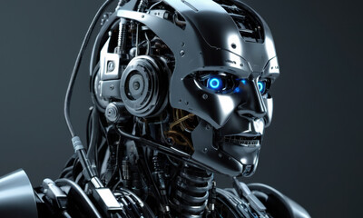 Poster - A close-up shot of a robot with headphones on, great for technology or futuristic themed projects