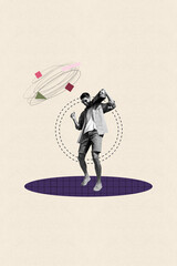 Poster - Banner trend collage of person stand on pastel background with messy lines round shape