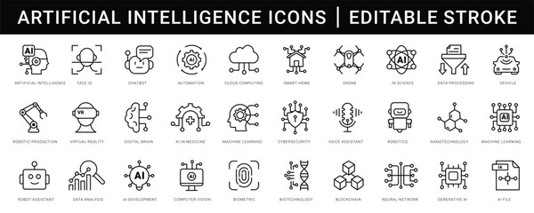 Poster - Artificial intelligence icons, such as digital brain, robot, machine learning, smart home and more. Editable stroke. Change to any size and any color.