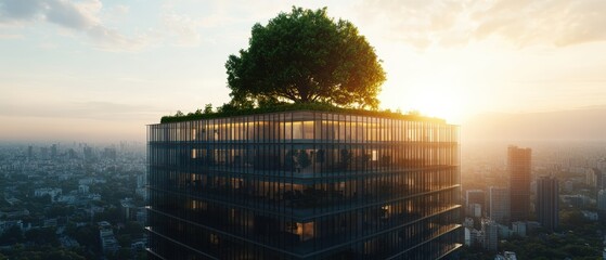 Poster - Futuristic skyscraper integrates green nature with large tree atop sustainable architecture design.