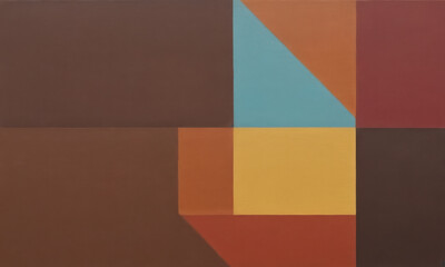 Poster - A vibrant geometric shape composed of brown, blue, yellow, and red rectangles