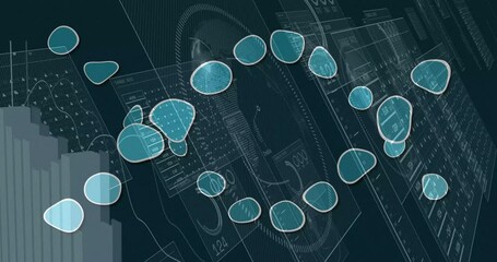 Poster - Horizontal chain of turquoise nodes flowing across dark interface, presenting data charts and maps