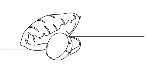 Poster - Sweet potato tuber vector illustration. One line art drawing with lettering organic sweet potato, Single continuous line drawing whole healthy organic sweet potato for orchard logo identity. Fresh pro