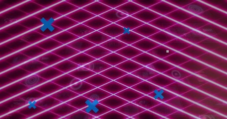 Poster - Animating neon pink diamond grid in 3D render while showing blue X shapes and white square