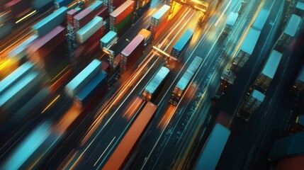 Poster - Dynamic global logistics network in motion aerial view of transport shipping containers at sunset