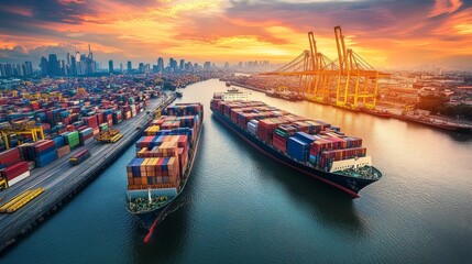 Poster - Global logistics management showcases digital advancements in shipping port environment aerial view urban landscape