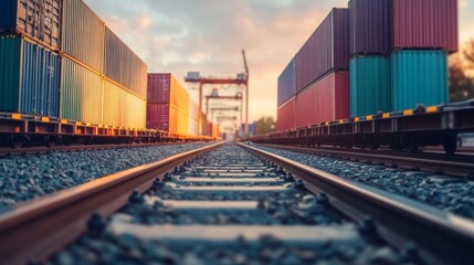 Poster - Intermodal transportation logistics with containers rail yard industrial scene sunset ground level efficient cargo movement