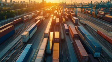 Poster - Container logistics operations at urban port aerial view sunset intermodal transportation environment