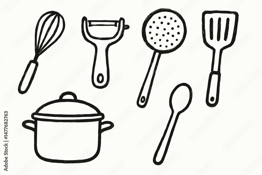 Hand Drawn Kitchen Cooking Utensils Illustration vector Stock Vector ...