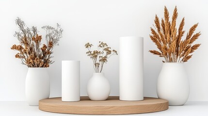 Aufkleber - minimalist display with neutral vases and dried floral arrangements on a round wooden platform backd